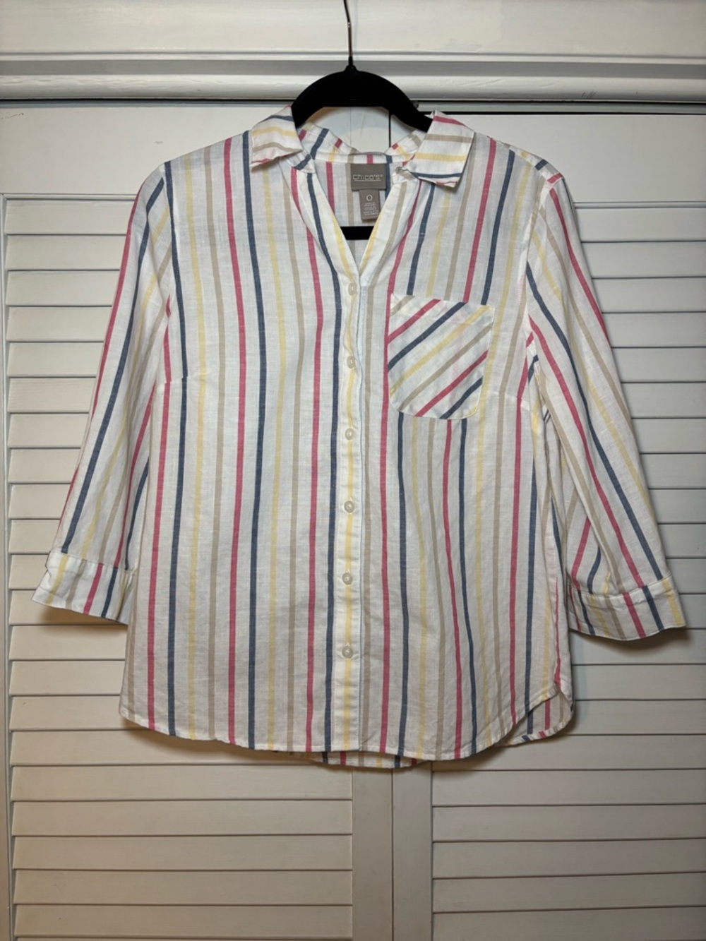 Chico's Button-Up Shirt Small Multicolor Vertical Stripe Cotton Linen
